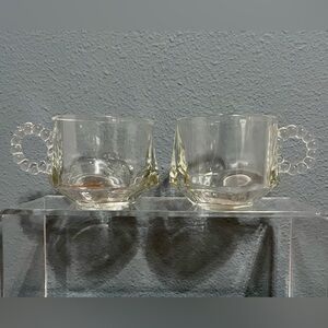 Antique Vintage Hazel Atlas Glass Punch Cups, Beaded Handle, Square Bottom